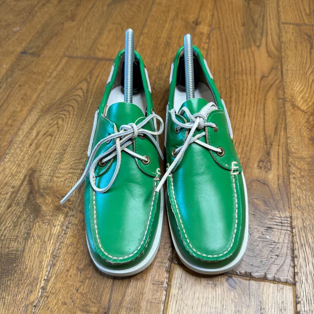 Vintage Deck Huggers Green Leather Boat Shoes 2-Eye USA Womens Sz 9 M - Picture 2 of 7